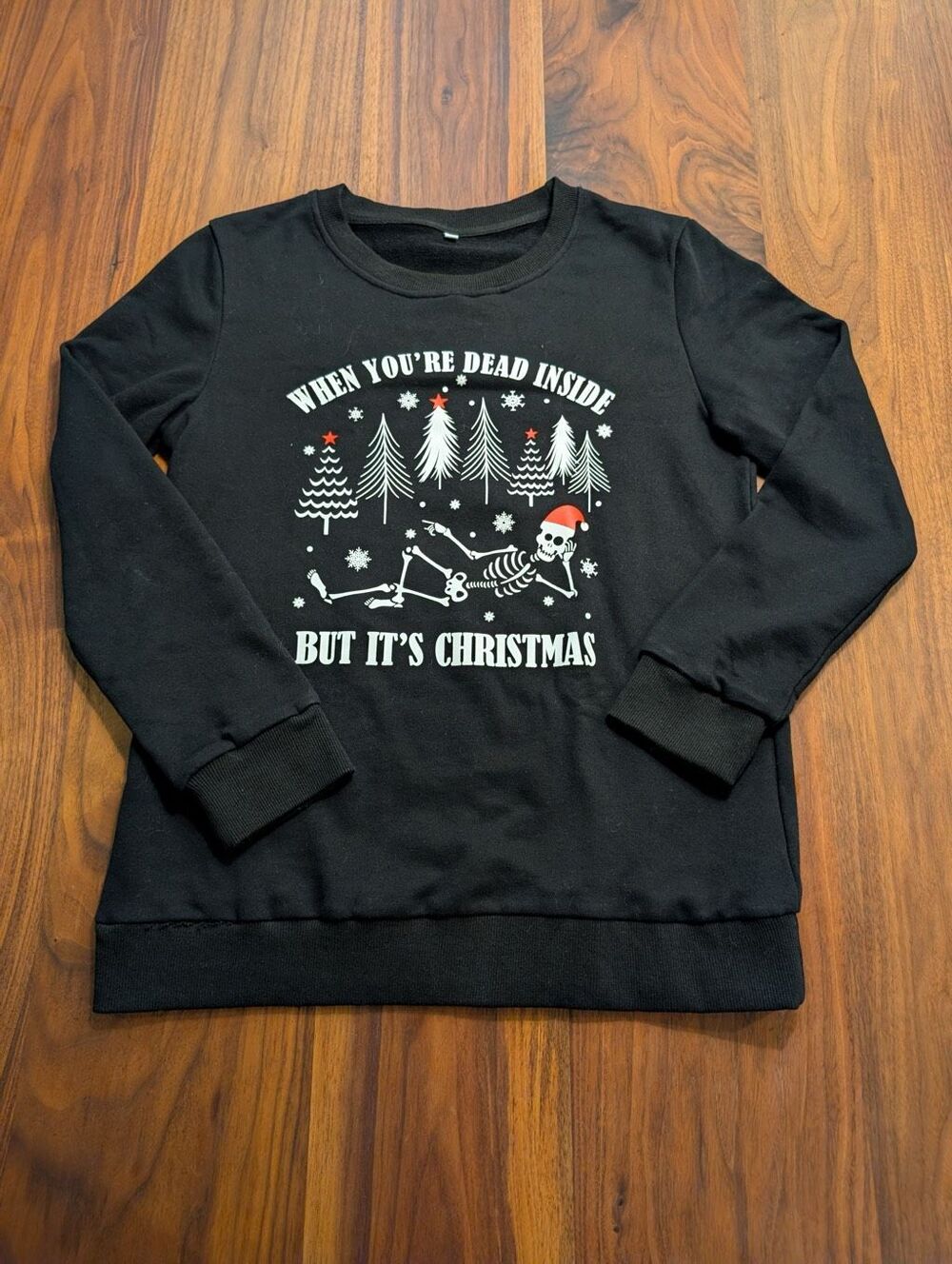 Women's Black Funny Skeleton Christmas Crew Neck Graphic Sweatshirt Size Medium